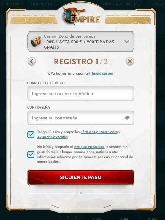 MyEmpire Casino registro e inicio de sesión