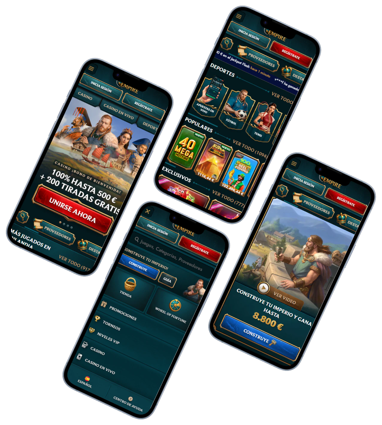 MyEmpire Casino versión móvil con juegos, deportes y menú